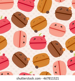 Kawaii macarons seamless pattern. Cute french cookies characters. Colorful macarons with different flavors on seamless background. Vector illustration