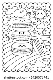 Kawaii macaroons, rainbow, sun. Kawaii characters. Sweets, dessert. Cute coloring page for kids and adults, black and white vector illustration.