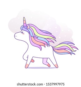 Kawaii magical unicorn running pastel color, happy cartoon vector