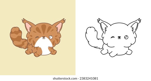 Kawaii Maine Coon Cat Multicolored and Black and White. Beautiful Isolated Kitty. Funny Vector Illustration of a Kawaii Animal for Prints for Clothes, Stickers, Baby Shower. 