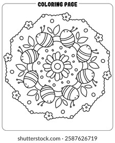 Kawaii mandala doodle coloring page with cute design for art therapy. Printable Vector file