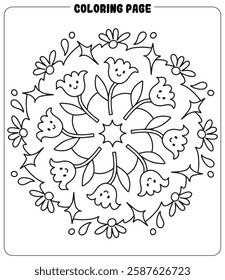 Kawaii mandala doodle coloring page with cute design for art therapy. Printable Vector file