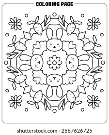 Kawaii mandala doodle coloring page with cute design for art therapy. Printable Vector file