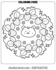 Kawaii mandala doodle coloring page with cute design for art therapy. Printable Vector file