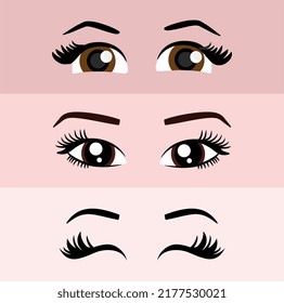 El estilo manga kawaii de las mujeres adorables ojos puestos. Dibujando ojos de muñeca, ojos para mascota. Hermosos ojos con pestañas femeninas.