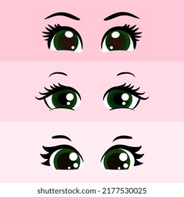 El estilo manga kawaii de las mujeres adorables ojos puestos. Dibujando ojos de muñeca, ojos para mascota. Hermosos ojos con pestañas femeninas.