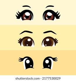 El estilo manga kawaii de las mujeres adorables ojos puestos. Dibujando ojos de muñeca, ojos para mascota. Hermosos ojos con pestañas femeninas.