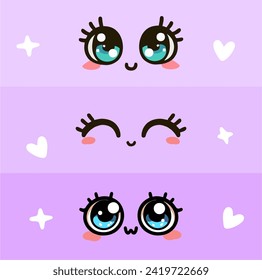 Kawaii manga style female cute eyes set. Drawing doll eyes, eyes for mascot. Beautiful eyes with female eyelashes.