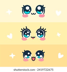 Kawaii manga style female cute eyes set. Drawing doll eyes, eyes for mascot. Beautiful eyes with female eyelashes.