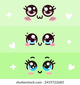 Kawaii manga style female cute eyes set. Drawing doll eyes, eyes for mascot. Beautiful eyes with female eyelashes.