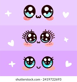 Kawaii manga style female cute eyes set. Drawing doll eyes, eyes for mascot. Beautiful eyes with female eyelashes.