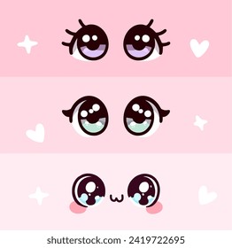 El estilo manga kawaii de las mujeres adorables ojos puestos. Dibujando ojos de muñeca, ojos para mascota. Hermosos ojos con pestañas femeninas.