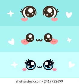 Kawaii manga style female cute eyes set. Drawing doll eyes, eyes for mascot. Beautiful eyes with female eyelashes.