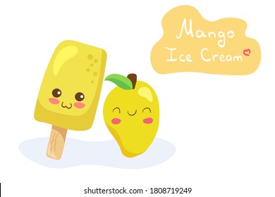 Kawaii Mango Ice Cream & Fruit vector characters isolated on white background. Funny & smiling tropical dessert. Cute food mascot illustration with hand drawn lettering. Invitation, menu design.