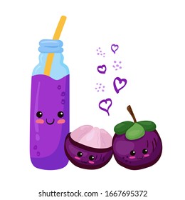 Kawaii Mangosteen fruit characters vector illustration isolated on white. 