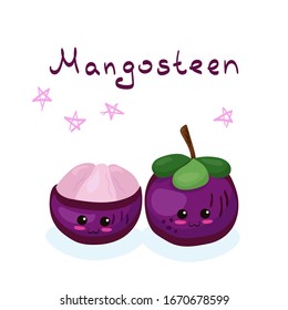 Dibujo vectorial de personajes de frutas Kawaii Mangosteen aislado en blanco. Gracioso y alegre emoji de caricatura adorable con letras de boceto. Frutas sonrientes para lisas, zumo, menú infantil, paquete.