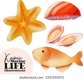 Kawaii marine life watercolor illustration