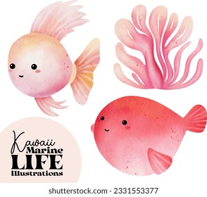 Kawaii marine life watercolor illustration