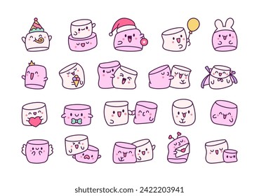 Kawaii marshmallow cute face character. Cartoon happy food. Hand drawn style. Vector drawing. Collection of design elements.