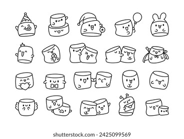 Kawaii marshmallow cute face character. Coloring Page. Cartoon happy food. Hand drawn style. Vector drawing. Collection of design elements.