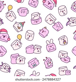 Kawaii marshmallow cute face character. Seamless pattern. Cartoon happy food. Hand drawn style. Vector drawing. Design ornaments.