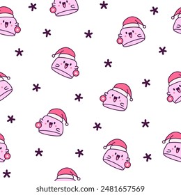 Kawaii marshmallow cute face character. Seamless pattern. Cartoon happy food. Hand drawn style. Vector drawing. Design ornaments.