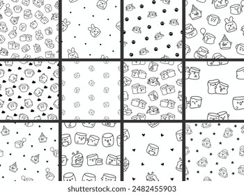Kawaii marshmallow cute face character. Seamless pattern. Coloring Page. Cartoon happy food. Hand drawn style. Vector drawing. Collection of design ornaments.