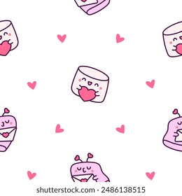 Kawaii marshmallow cute face character. Seamless pattern. Cartoon happy food. Hand drawn style. Vector drawing. Design ornaments.