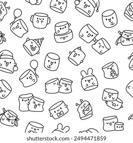 Kawaii marshmallow cute face character. Seamless pattern. Coloring Page. Cartoon happy food. Hand drawn style. Vector drawing. Design ornaments.