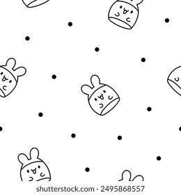 Kawaii marshmallow cute face character. Seamless pattern. Coloring Page. Cartoon happy food. Hand drawn style. Vector drawing. Design ornaments.