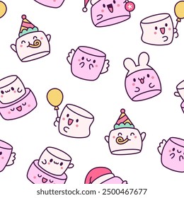 Kawaii marshmallow cute face character. Seamless pattern. Cartoon happy food. Hand drawn style. Vector drawing. Design ornaments.