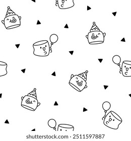 Kawaii marshmallow cute face character. Seamless pattern. Coloring Page. Cartoon happy food. Hand drawn style. Vector drawing. Design ornaments.
