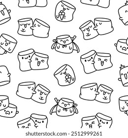 Kawaii marshmallow cute face character. Seamless pattern. Coloring Page. Cartoon happy food. Hand drawn style. Vector drawing. Design ornaments.