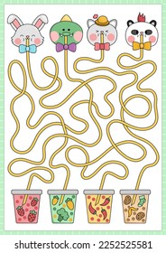 Kawaii maze for kids. Preschool printable activity with cute animals drinking bubble tea with different tastes. Labyrinth game or puzzle with funny characters, fancy drinks with carrot, strawberry
