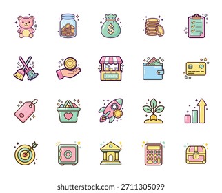 Kawaii MBE style illustrations featuring kids finance and savings items like piggy banks coins and lemonade stands with pastel fills