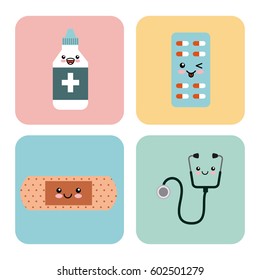 kawaii medicine icons over colorful squares and  white background. vector illustration