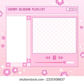 Kawaii memo pad with cherry blossom. Pink cute note pad. Linear vaporwave retro pc window. Trendy, nostalgic, colorful style 90s. Stories and post frame template. Social media design.