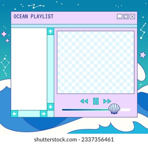 Kawaii Memo Pad mit Meereswellen und Nachthimmel. Dreamy süße Notizblock. Lineares Vaporwave-Retro-PC-Fenster. Trendy, nostalgisch, bunter Stil der 90er Jahre. Geschichten und Vorlagen für Postrahmen. Design sozialer Medien.