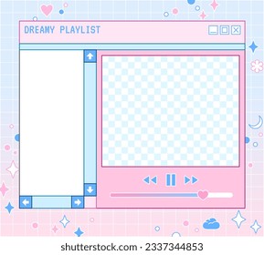 Kawaii memo pad. Pink and blue cute sticky note. Linear vaporwave retro pc window. Trendy, nostalgic, colorful style 90s. Stories and post frame template. Social media design.