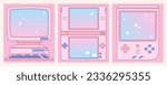 Kawaii memo pad with retro computer, game consoles. Pink cute note pad. Trendy, nostalgic, colorful style 90s. Stories and post frame template. Social media design.
