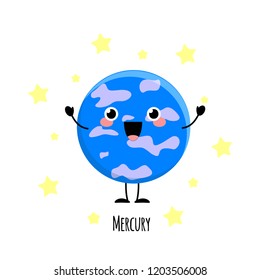 Kawaii Mercury planet with the happy faсe. Planet characters vector illustration isolated on white background.