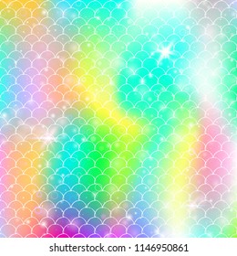 Kawaii mermaid background with princess rainbow scales pattern. Fish tail banner with magic sparkles and stars. Sea fantasy invitation for girlie party. Rainbow kawaii mermaid backdrop.