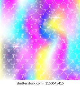 Kawaii mermaid background with princess rainbow scales pattern. Fish tail banner with magic sparkles and stars. Sea fantasy invitation for girlie party. Stylish kawaii mermaid backdrop.