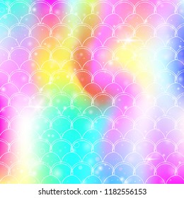 Kawaii mermaid background with princess rainbow scales pattern. Fish tail banner with magic sparkles and stars. Sea fantasy invitation for girlie party. Retro kawaii mermaid backdrop.