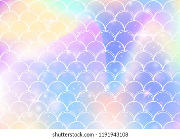 Kawaii mermaid background with princess rainbow scales pattern. Fish tail banner with magic sparkles and stars. Sea fantasy invitation for girlie party. Multicolor kawaii mermaid backdrop.