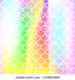 Kawaii mermaid background with princess rainbow scales pattern. Fish tail banner with magic sparkles and stars. Sea fantasy invitation for girlie party. Vibrant kawaii mermaid backdrop.