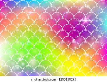 Kawaii mermaid background with princess rainbow scales pattern. Fish tail banner with magic sparkles and stars. Sea fantasy invitation for girlie party. Fluorescent kawaii mermaid backdrop.