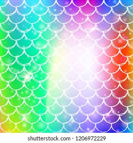 Kawaii mermaid background with princess rainbow scales pattern. Fish tail banner with magic sparkles and stars. Sea fantasy invitation for girlie party. Multicolor kawaii mermaid backdrop.