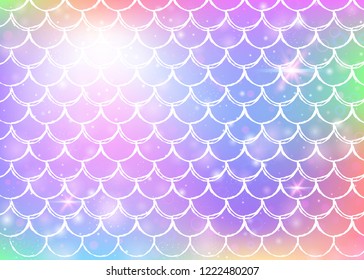 Kawaii mermaid background with princess rainbow scales pattern. Fish tail banner with magic sparkles and stars. Sea fantasy invitation for girlie party. Futuristic kawaii mermaid backdrop.