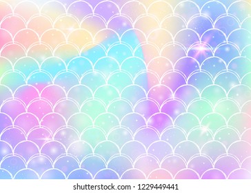 Kawaii mermaid background with princess rainbow scales pattern. Fish tail banner with magic sparkles and stars. Sea fantasy invitation for girlie party. Stylish kawaii mermaid backdrop.